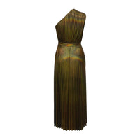 Elegant Women Even Dresses Luxury Maxi Long Metallic Pleated Dress One Shoulder Sleeveless Premium Shiny Shimmer Gowns