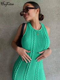 Hugcitar Crochet Sleeveless O-Neck Bodycon Solid Sexy Sweater Dress Summer Women Elegant Y2K Clothes Streetwear Party Club