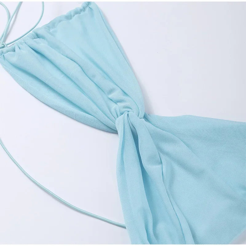 Vacation Hollow Out Mesh Long Sling Dress For Women Y2k Irregular Sleeveless Side Split Beach Suspender Dress Lady Evening Robe