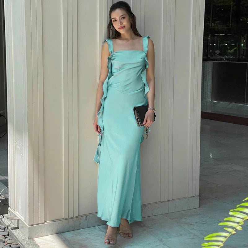 Dulzura Satin Backless Maxi Dress Tassels Sexy Sleeveless 2024 Summer Women Body-Shaping Clubwear Birthday Party Elegant