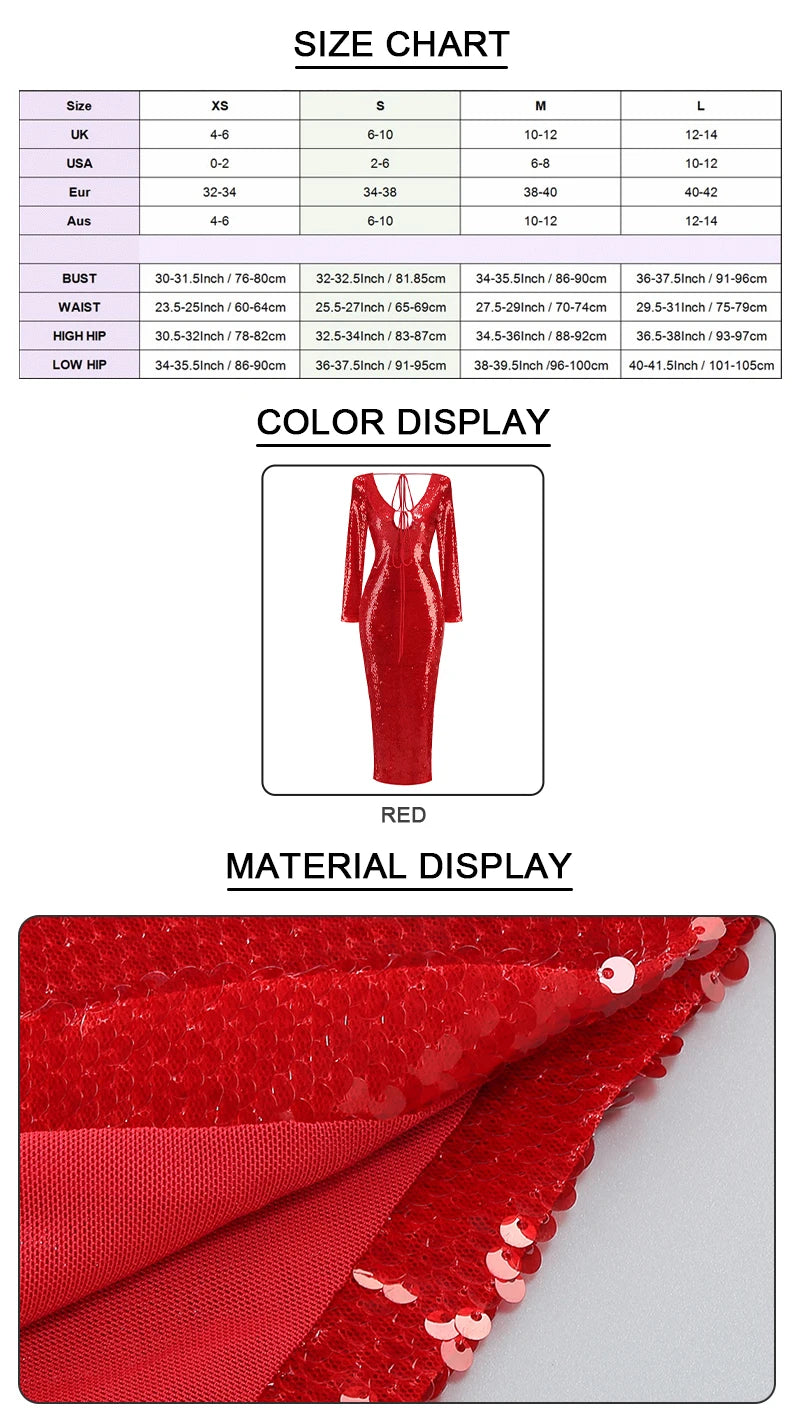 VC Summer New Women's Sexy Deep V-Neck Sequins Long Dress Long Sleeves Cut Out Strings Tied Elegant Luxury Celebrity Party Gowns