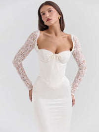 Moziision Lace Long Sleeve Sexy Maxi Dress For Women White Square Collar Backless Back Split Bodycon Club Party Long Dress