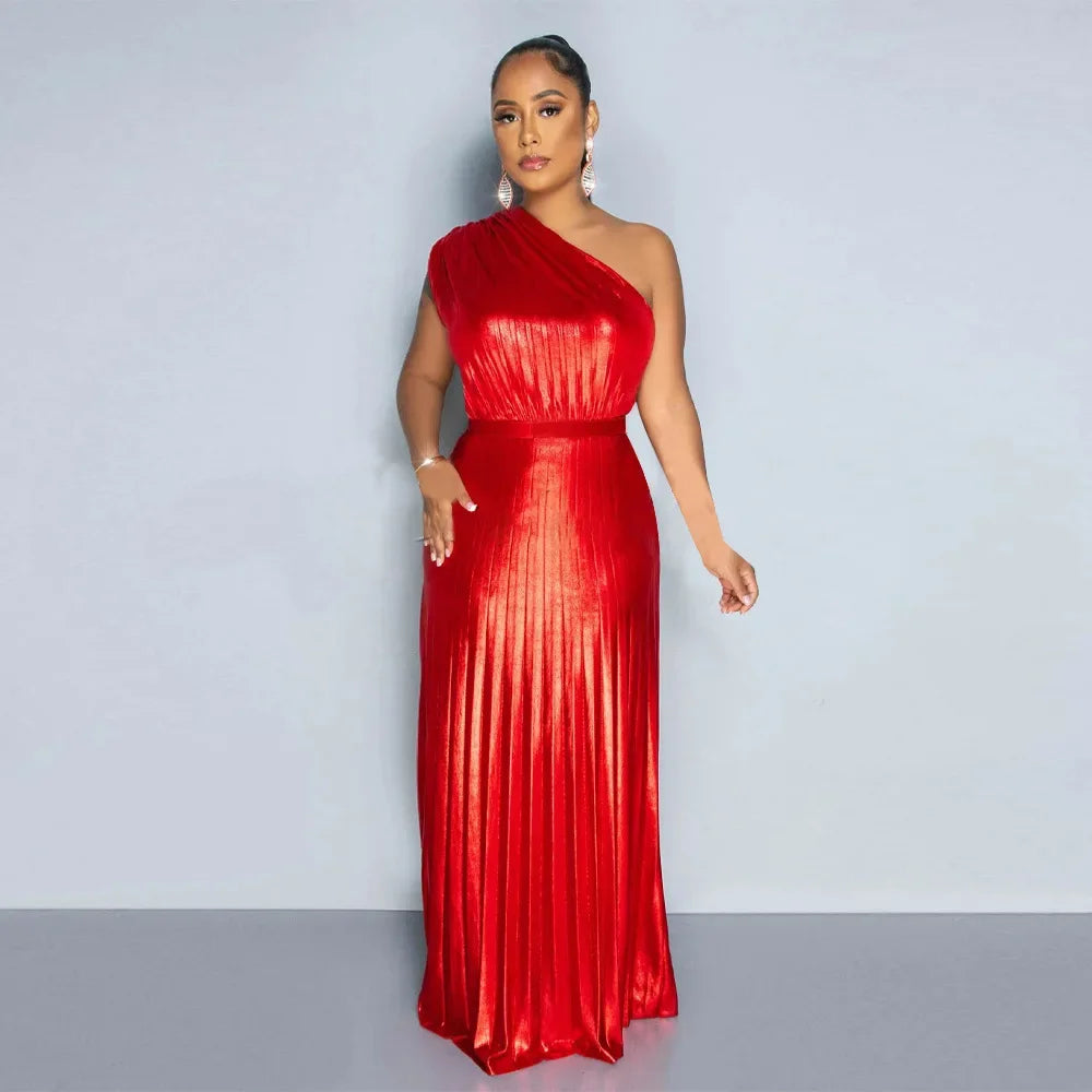 Elegant Women Even Dresses Luxury Maxi Long Metallic Pleated Dress One Shoulder Sleeveless Premium Shiny Shimmer Gowns