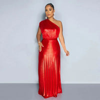 Elegant Women Even Dresses Luxury Maxi Long Metallic Pleated Dress One Shoulder Sleeveless Premium Shiny Shimmer Gowns