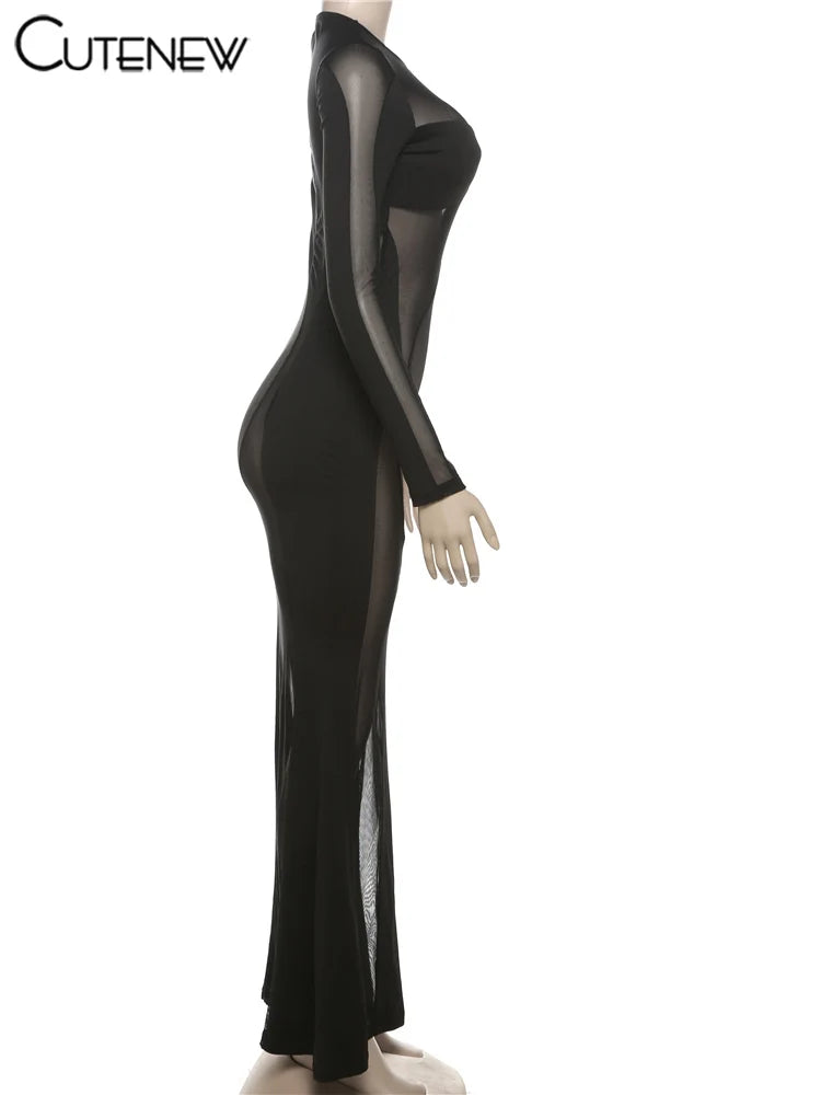 Cutenew Lace Irregular Patchwork Women Dress Sexy Coquette See Through Full Sleeve Maxi Bodycon Lady Stunning Nightout Club Robe