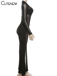 Cutenew Lace Irregular Patchwork Women Dress Sexy Coquette See Through Full Sleeve Maxi Bodycon Lady Stunning Nightout Club Robe