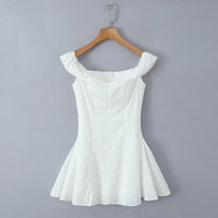 Sexy White Embroidery Flower Roll up Collar Off Shoulder Low Waist Ruched Pleated Swing Mini Dress Women Sexy Summer Robe Party