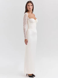 Moziision Lace Long Sleeve Sexy Maxi Dress For Women White Square Collar Backless Back Split Bodycon Club Party Long Dress