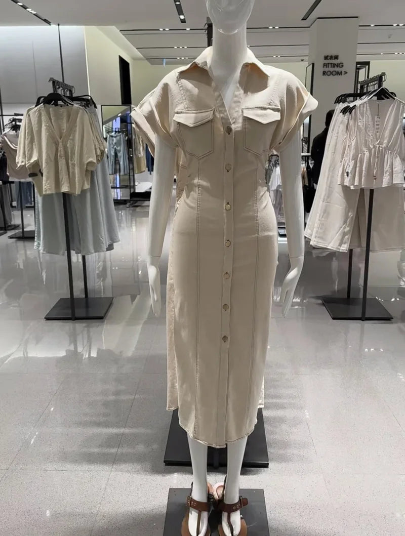 ETJ 2025 traf Spring New 1975 series denim MIDI dress with lapel side zipper fashion wrinkle waist slim elegant dress