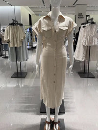 ETJ 2025 traf Spring New 1975 series denim MIDI dress with lapel side zipper fashion wrinkle waist slim elegant dress