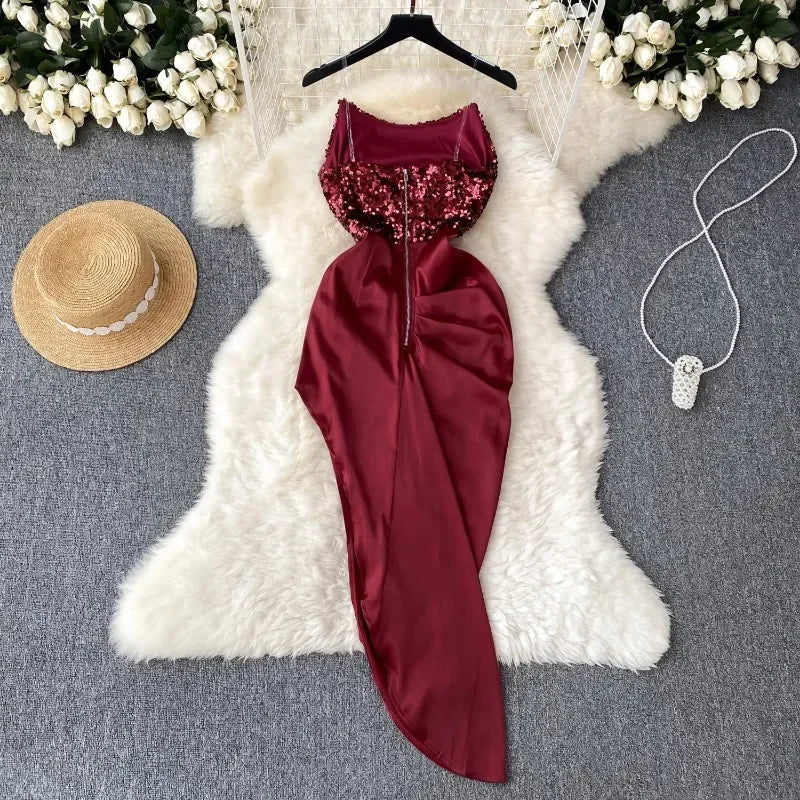 Chic Sequin Asymmetric Backless Slip Dress Sleeveless Korean Fashion Vestidos Women Vintage Summer Hip Wrap Dress