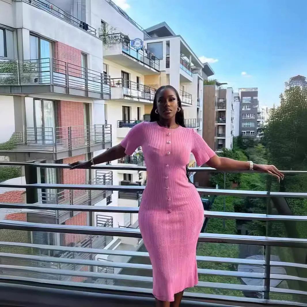 Joskaa Knitted Striped Buttons Round Neck Short Sleeve Body-Shaping Long Dresses for Women Birthday Party Clubwear Streetwear