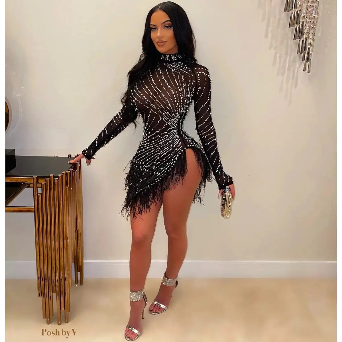 Sexy Pearls Rhinestone Party Dresses Women Elegant Nightclub Feather Birthday Dress Long Sleeve Mesh Sheer Bodycon Dress
