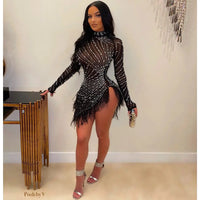 Sexy Pearls Rhinestone Party Dresses Women Elegant Nightclub Feather Birthday Dress Long Sleeve Mesh Sheer Bodycon Dress