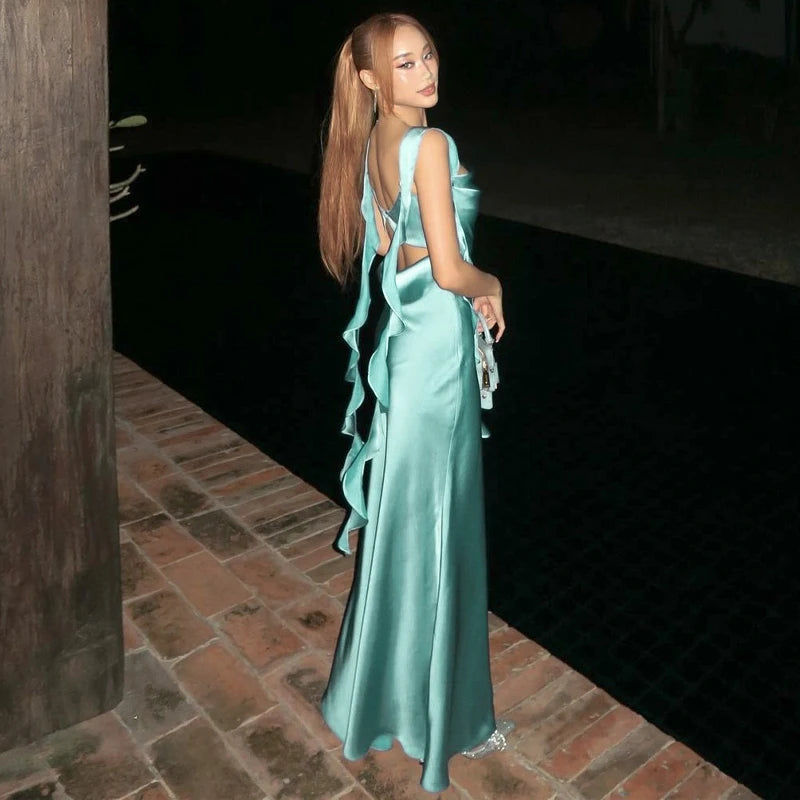 Dulzura Satin Backless Maxi Dress Tassels Sexy Sleeveless 2024 Summer Women Body-Shaping Clubwear Birthday Party Elegant
