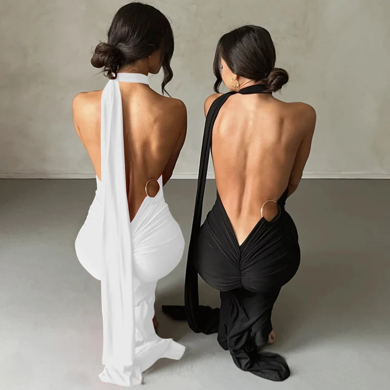 Hugcitar One Shoulder Backless Adjustable Scarf Loop Ruched Sexy Maxi Dress 2024 Women Elegant Y2K Streetwear Festival Outfit