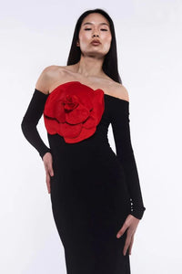 Women's New Sexy Black Decorative FlowerBreast wrapping Dress, Fashion Slim Fit Open Back Bottom Split Party Dress Long