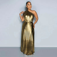 Elegant Women Even Dresses Luxury Maxi Long Metallic Pleated Dress One Shoulder Sleeveless Premium Shiny Shimmer Gowns