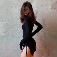 Oshfall Autumn new long sleeved pleated side opening buttocks sexy French dress for European and American women