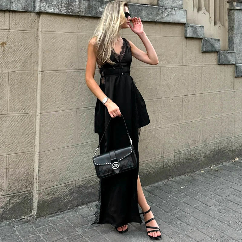 CUTENOVA  2025 Spring And Summer New Solid Color Sleeveless Lace Patchwork Sling High Split Dress Sexy Hottie Fashion Dresses