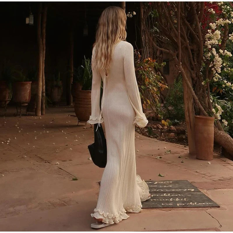 Women's Chic Ruffles Backless Lace Up Knitted Maxi Dress Elegant Round Neck Flare Long Sleeve Vestido 2024 Lady New Fashion Robe