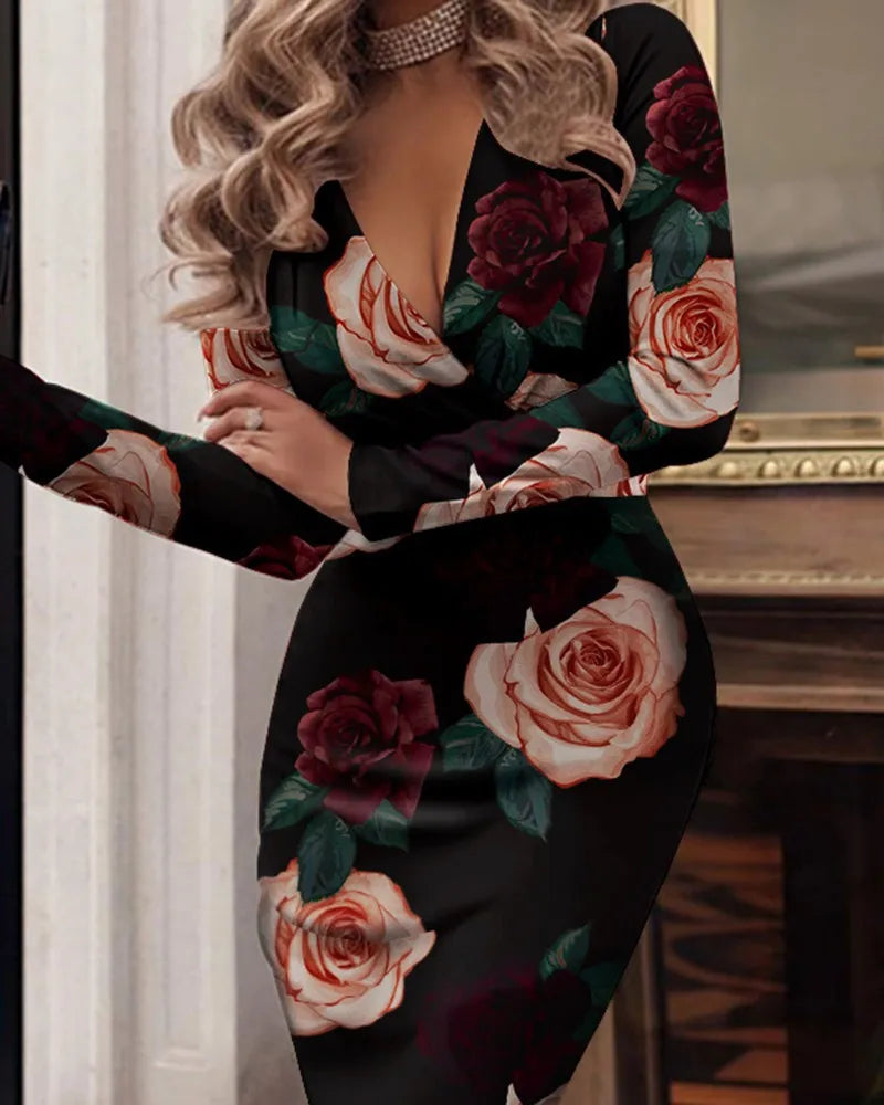 New Autumn/Winter Sexy Long Sleeve V-Neck Wrapped Hip Print Dress for Women