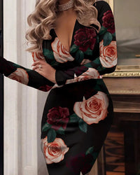 New Autumn/Winter Sexy Long Sleeve V-Neck Wrapped Hip Print Dress for Women