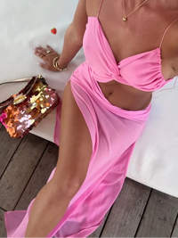 Vacation Hollow Out Mesh Long Sling Dress For Women Y2k Irregular Sleeveless Side Split Beach Suspender Dress Lady Evening Robe