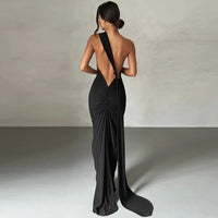 Hugcitar One Shoulder Backless Adjustable Scarf Loop Ruched Sexy Maxi Dress 2024 Women Elegant Y2K Streetwear Festival Outfit