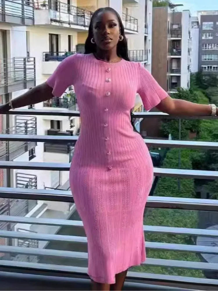 Joskaa Knitted Striped Buttons Round Neck Short Sleeve Body-Shaping Long Dresses for Women Birthday Party Clubwear Streetwear