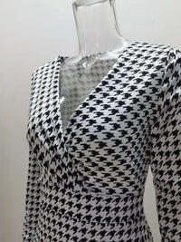 New Autumn/Winter Sexy Long Sleeve V-Neck Wrapped Hip Print Dress for Women