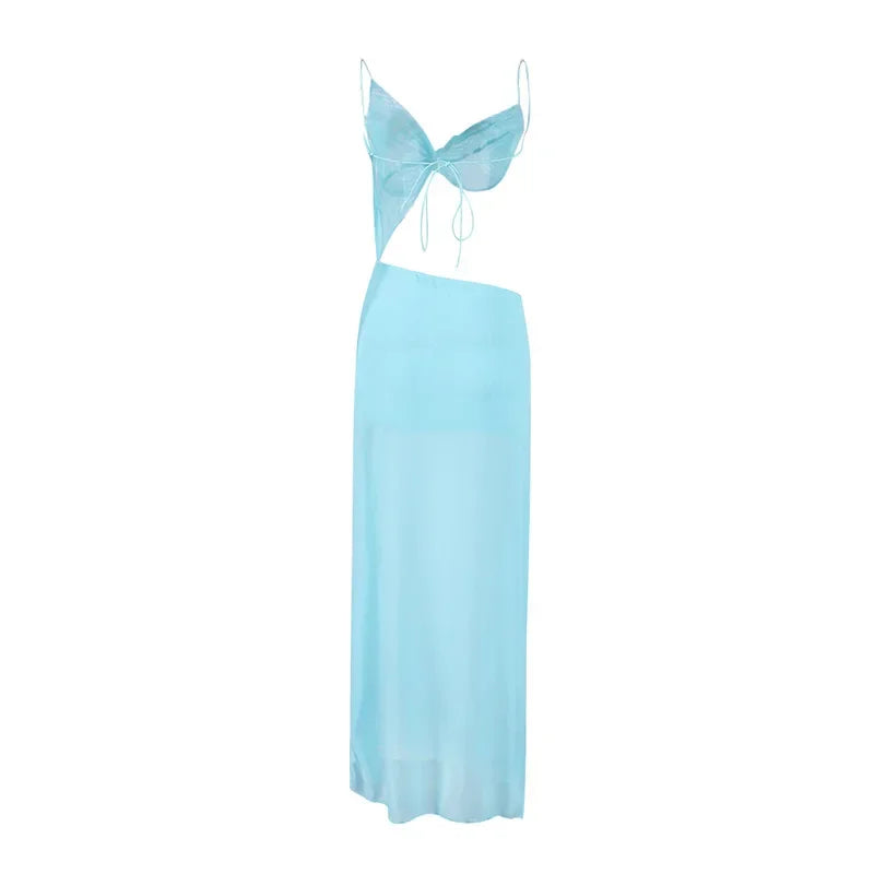 Vacation Hollow Out Mesh Long Sling Dress For Women Y2k Irregular Sleeveless Side Split Beach Suspender Dress Lady Evening Robe
