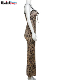 Weird Puss Spaghetti Strap Women Dress Leopard Print Sexy Sensual Backless Sleeveless Bodycon Summer Vacation Beach Partywear