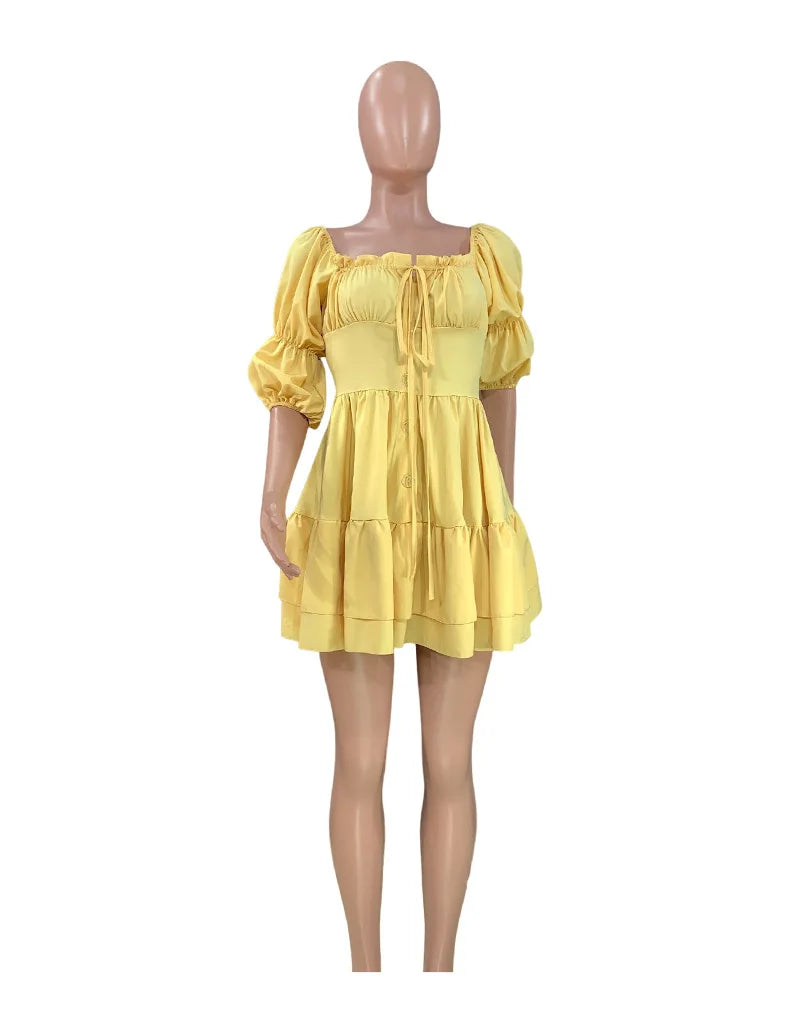 BAMBOOBOY Short Sexy Sleeve Mini Dress Women Summer Slash Neck Off Shoulder Bow Elegant Party Single Breasted Dresses for Women