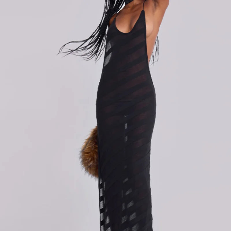 Sexy See Though Maxi Dress Backless Sleeveless Deep V Neck Long Robes Lace Up Party Mesh Dresses 2025 New Lady Vacation Clothing