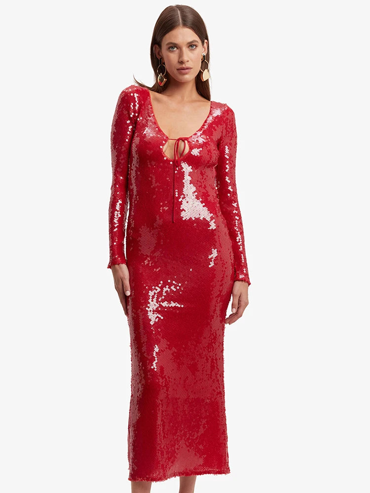 VC Summer New Women's Sexy Deep V-Neck Sequins Long Dress Long Sleeves Cut Out Strings Tied Elegant Luxury Celebrity Party Gowns