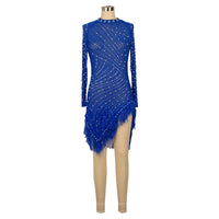 Sexy Pearls Rhinestone Party Dresses Women Elegant Nightclub Feather Birthday Dress Long Sleeve Mesh Sheer Bodycon Dress