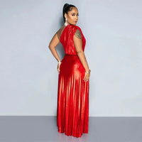 Elegant Women Even Dresses Luxury Maxi Long Metallic Pleated Dress One Shoulder Sleeveless Premium Shiny Shimmer Gowns