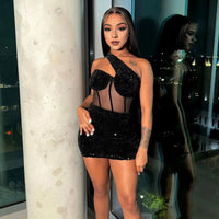 Short Sequin Dress Elegant One Shoulder Sequin Mesh Mini Dress for Women Slim Fit Club Cocktail Party Prom Sheath Dress