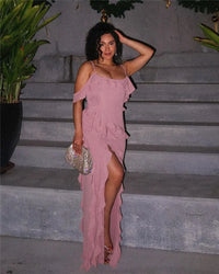 Mozision Elegant Ruffle Sexy Maxi Dress Women Spaghetti Strap Flower Sleeveless Backless High Split Club Party Evening Dress