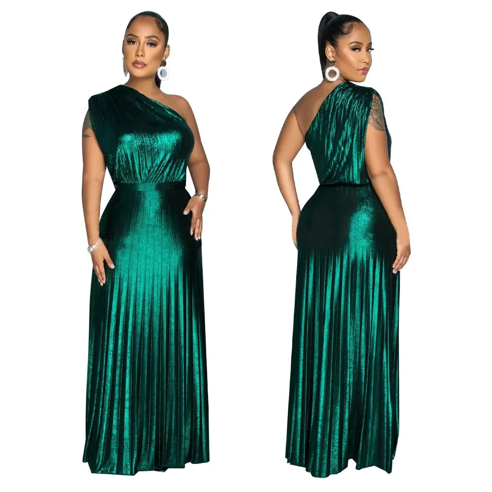 Elegant Women Even Dresses Luxury Maxi Long Metallic Pleated Dress One Shoulder Sleeveless Premium Shiny Shimmer Gowns