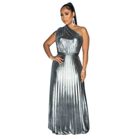 Elegant Women Even Dresses Luxury Maxi Long Metallic Pleated Dress One Shoulder Sleeveless Premium Shiny Shimmer Gowns