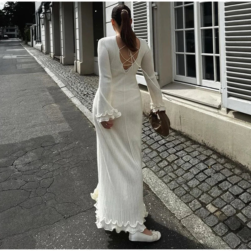 Women's Chic Ruffles Backless Lace Up Knitted Maxi Dress Elegant Round Neck Flare Long Sleeve Vestido 2024 Lady New Fashion Robe