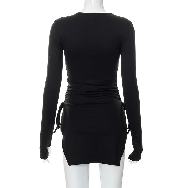 Oshfall Autumn new long sleeved pleated side opening buttocks sexy French dress for European and American women