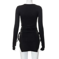 Oshfall Autumn new long sleeved pleated side opening buttocks sexy French dress for European and American women