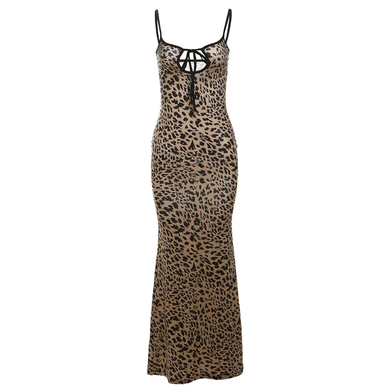 Weird Puss Spaghetti Strap Women Dress Leopard Print Sexy Sensual Backless Sleeveless Bodycon Summer Vacation Beach Partywear