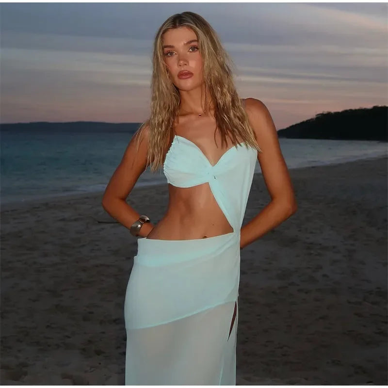 Vacation Hollow Out Mesh Long Sling Dress For Women Y2k Irregular Sleeveless Side Split Beach Suspender Dress Lady Evening Robe