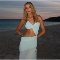 Vacation Hollow Out Mesh Long Sling Dress For Women Y2k Irregular Sleeveless Side Split Beach Suspender Dress Lady Evening Robe