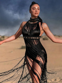 Modphy 2025 White Black Women Turtleneck Long Tassel Sexy Perspective Design Maxi Dress Fashion Club Beach Vacation Party Dress