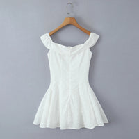 Sexy White Embroidery Flower Roll up Collar Off Shoulder Low Waist Ruched Pleated Swing Mini Dress Women Sexy Summer Robe Party